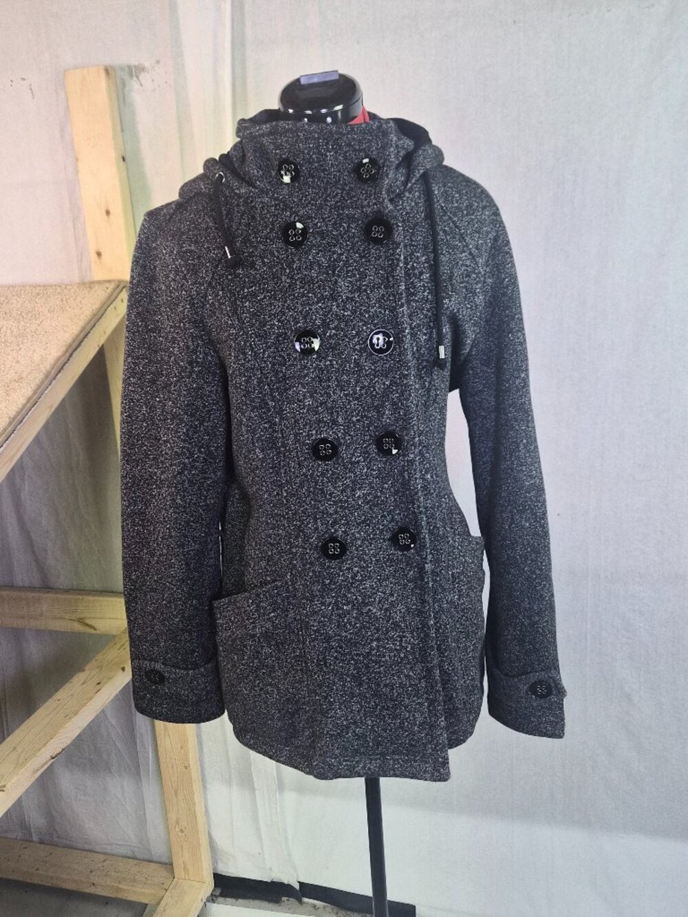 Sebby Women’s Double Breasted Peacoat Hooded Black White Specked Size Large